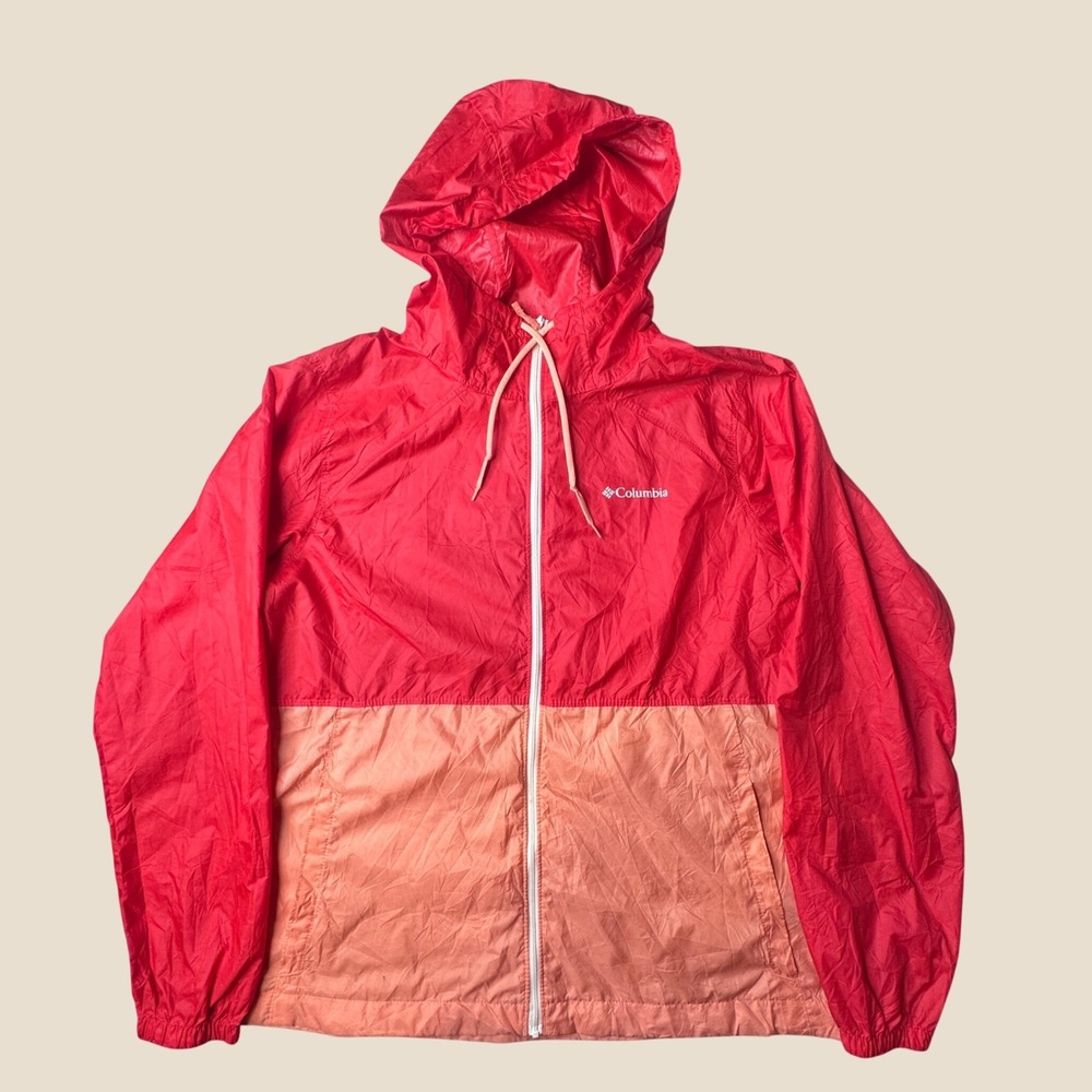 Columbia Windbreaker Jacket Womens L Red Peach Colorblock Full Zip Hooded XL0355